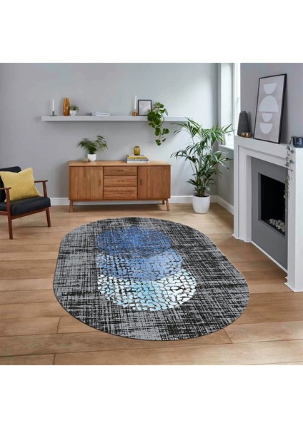 Dijital Baskılı Kaymaz Taban Yıkanabilir Oval Modern Yolluk Salon Halısı, V-O-Modern-01-Antrasit,