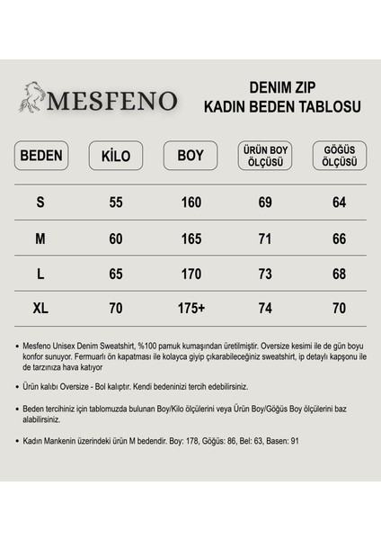 Mesfeno Fermuarlı Kapşonlu Denim Kumaş Kadın Sweatshirt, Oversize Kesim, Pamuk, Kanguru Cepli, Ip Detaylı Kapşon, Beli Lastikli indirimleri