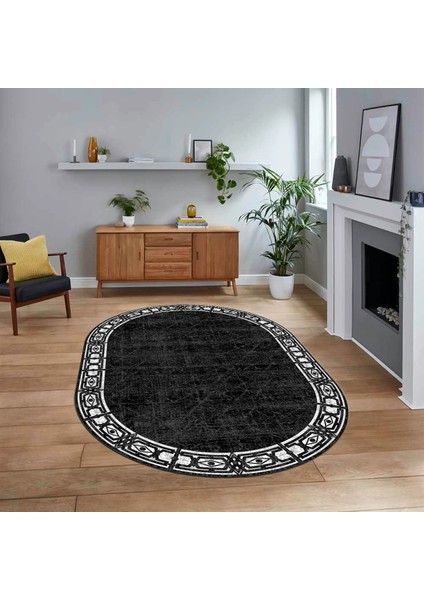 Dijital Baskılı Kaymaz Taban Yıkanabilir Oval Modern Yolluk Salon Halısı, V-O-MODERN-118-SİYAH,