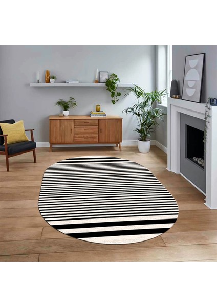 Dijital Baskılı Kaymaz Taban Yıkanabilir Oval Modern Yolluk Salon Halısı, V-O-Modern-63-Siyah,