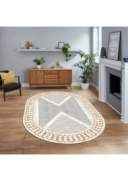 Dijital Baskılı Kaymaz Taban Yıkanabilir Oval Modern Yolluk Salon Halısı, V-O-Modern-07-Kahve,