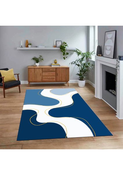 Dijital Baskılı Kaymaz Taban Yıkanabilir Modern Yolluk Mutfak Salon Halısı, V-MODERN-120-MAVİ,