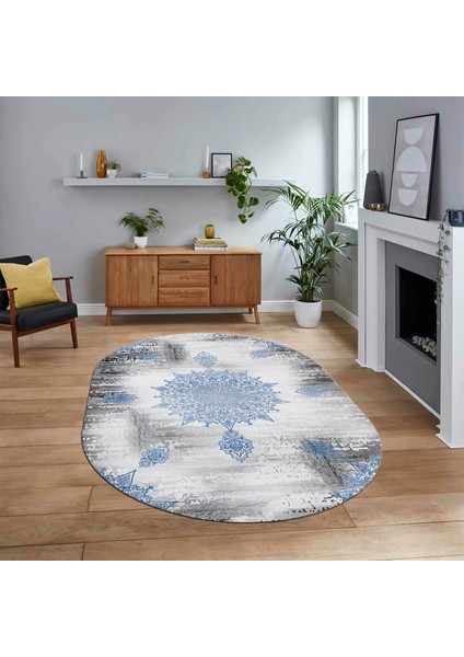 Dijital Baskılı Kaymaz Taban Yıkanabilir Oval Modern Yolluk Salon Halısı, V-O-Modern-06-Mavi,
