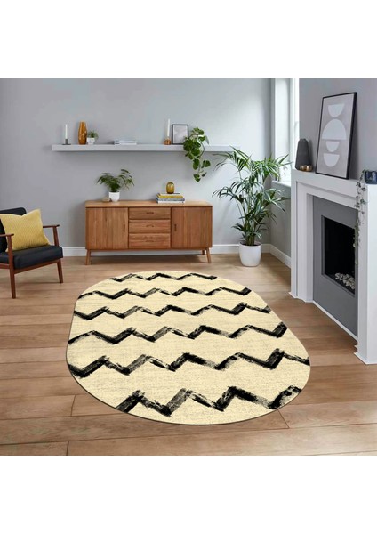 Dijital Baskılı Kaymaz Taban Yıkanabilir Oval Modern Yolluk Salon Halısı, V-O-Modern-71-Krem,