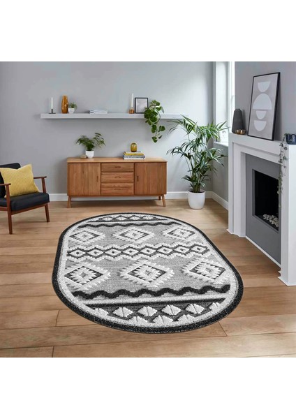 Dijital Baskılı Kaymaz Taban Yıkanabilir Oval Modern Yolluk Salon Halısı, V-O-Modern-68-Gri,