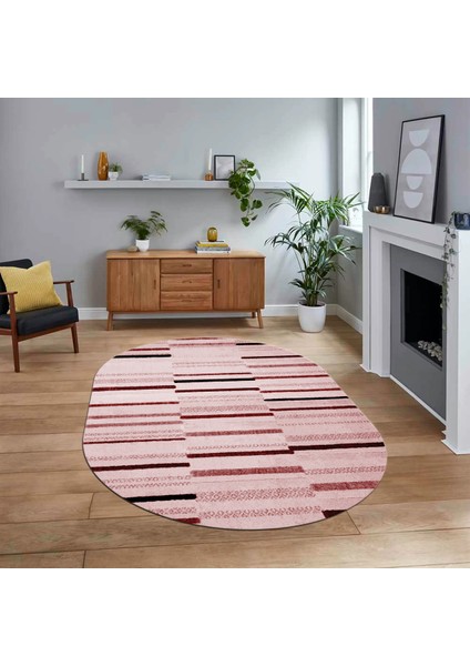 Dijital Baskılı Kaymaz Taban Yıkanabilir Oval Modern Yolluk Salon Halısı, V-O-Modern-74-Pembe,