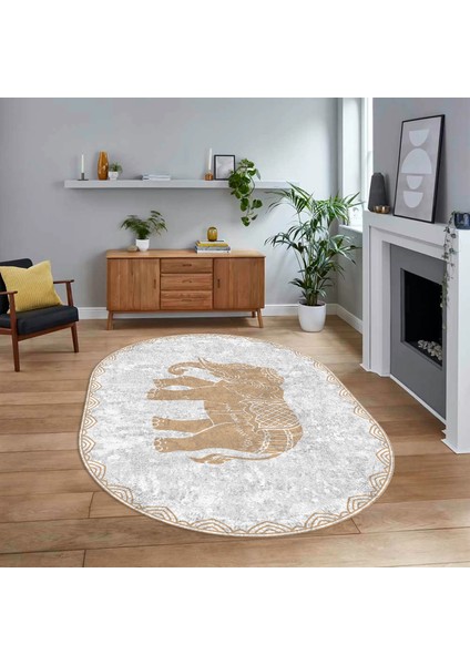 Dijital Baskılı Kaymaz Taban Yıkanabilir Oval Modern Yolluk Salon Halısı, V-O-MODERN-101-BEJ,