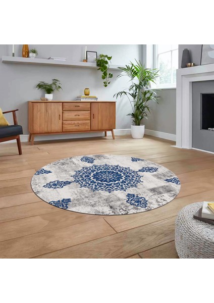 Dijital Baskılı Kaymaz Taban Yıkanabilir Yuvarlak Modern Mutfak Salon Halısı, V-Y-Modern-45-Mavi,
