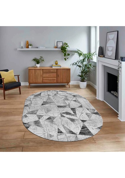 Dijital Baskılı Kaymaz Taban Yıkanabilir Oval Modern Yolluk Salon Halısı, V-O-Modern-82-Gri,