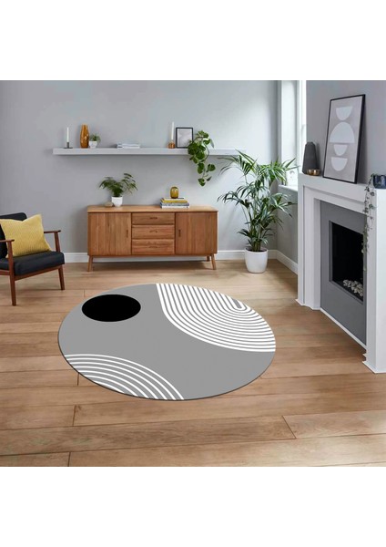 Dijital Baskılı Kaymaz Taban Yıkanabilir Yuvarlak Modern Mutfak Salon Halısı, V-Y-Modern-52-Gri,