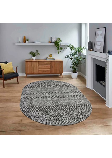 Dijital Baskılı Kaymaz Taban Yıkanabilir Oval Modern Yolluk Salon Halısı, V-O-Modern-86-Gri,