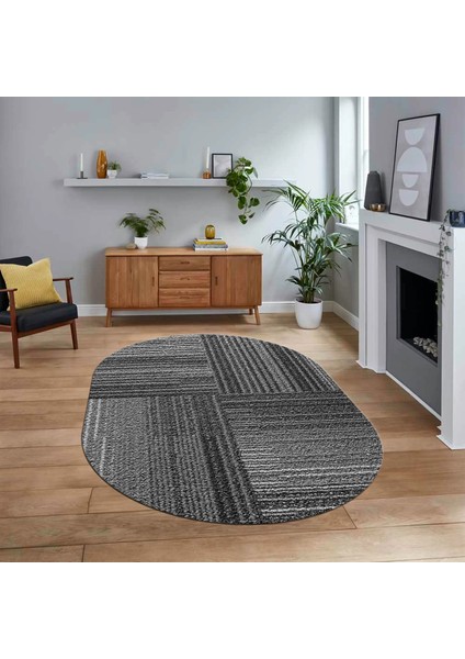Dijital Baskılı Kaymaz Taban Yıkanabilir Oval Modern Yolluk Salon Halısı, V-O-Modern-34-Gri,