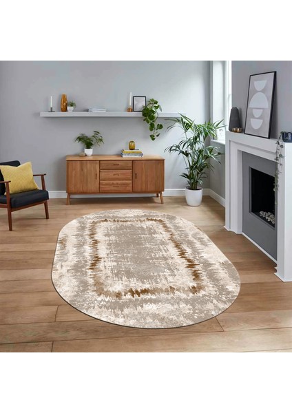 Dijital Baskılı Kaymaz Taban Yıkanabilir Oval Modern Yolluk Salon Halısı, V-O-Modern-37-Kahve,
