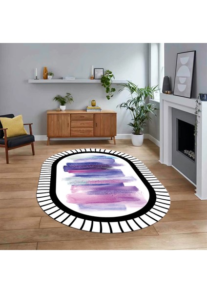 Dijital Baskılı Kaymaz Taban Yıkanabilir Oval Modern Yolluk Salon Halısı, V-O-Modern-22-Mor,