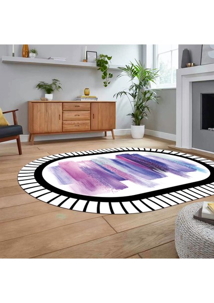 Dijital Baskılı Kaymaz Taban Yıkanabilir Oval Modern Yolluk Salon Halısı, V-O-Modern-22-Mor,