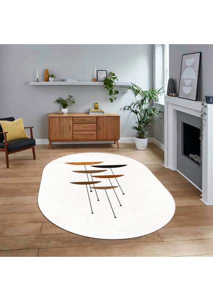 Dijital Baskılı Kaymaz Taban Yıkanabilir Oval Modern Yolluk Salon Halısı, V-O-MODERN-112-BEYAZ,
