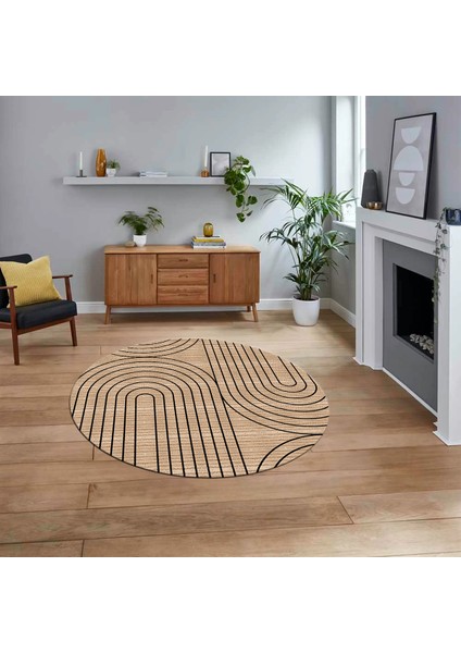 Dijital Baskılı Kaymaz Taban Yıkanabilir Yuvarlak Modern Mutfak Salon Halısı, V-Y-MODERN-110-BEJ,