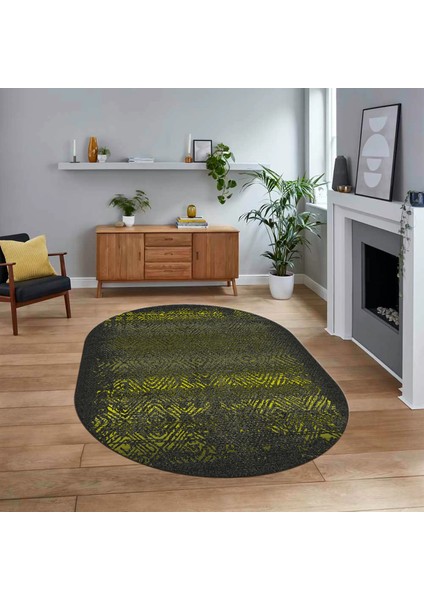 Dijital Baskılı Kaymaz Taban Yıkanabilir Oval Modern Yolluk Salon Halısı, V-O-Modern-28-Sarı,