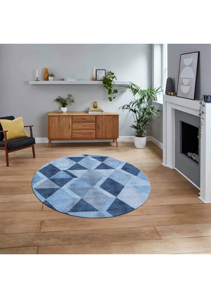 Dijital Baskılı Kaymaz Taban Yıkanabilir Yuvarlak Modern Mutfak Salon Halısı, V-Y-MODERN-103-MAVİ,