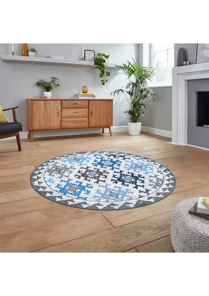 Dijital Baskılı Kaymaz Taban Yıkanabilir Yuvarlak Modern Mutfak Salon Halısı, V-Y-Modern-14-Mavi,