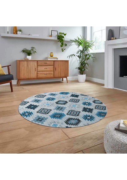 Dijital Baskılı Kaymaz Taban Yıkanabilir Yuvarlak Modern Mutfak Salon Halısı, V-Y-Modern-99-Mavi,