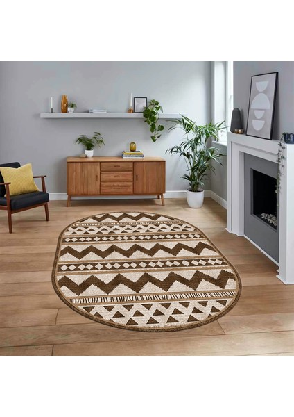 Dijital Baskılı Kaymaz Taban Yıkanabilir Oval Modern Yolluk Salon Halısı, V-O-MODERN-105-KAHVE,