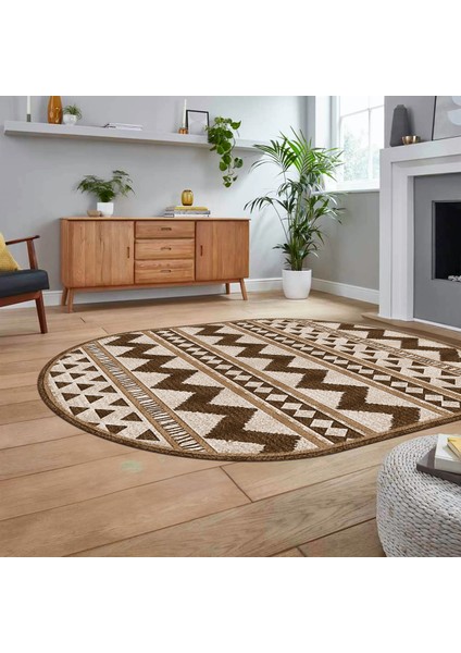 Dijital Baskılı Kaymaz Taban Yıkanabilir Oval Modern Yolluk Salon Halısı, V-O-MODERN-105-KAHVE, fiyatları