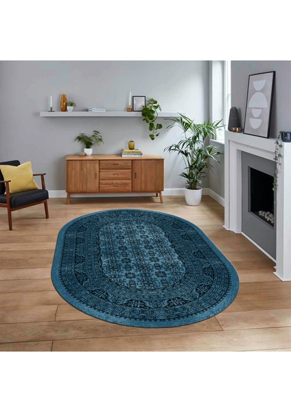 Dijital Baskılı Kaymaz Taban Yıkanabilir Oval Modern Yolluk Salon Halısı, V-O-MODERN-113-MAVİ,