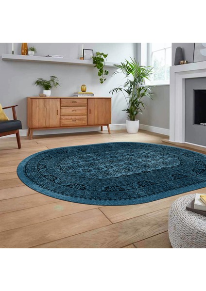 Dijital Baskılı Kaymaz Taban Yıkanabilir Oval Modern Yolluk Salon Halısı, V-O-MODERN-113-MAVİ, fiyatları