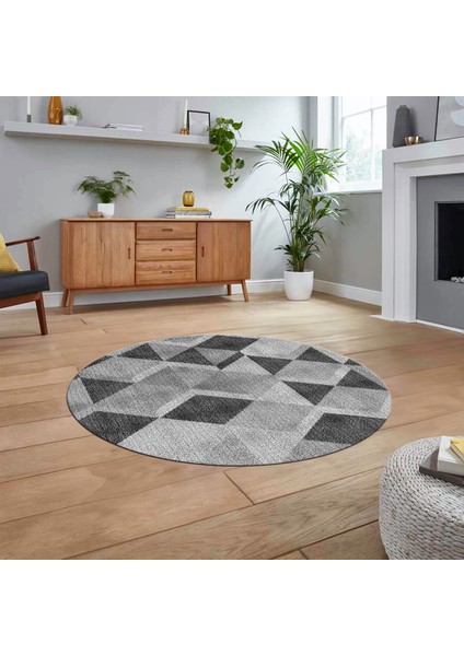 Dijital Baskılı Kaymaz Taban Yıkanabilir Yuvarlak Modern Mutfak Salon Halısı, V-Y-MODERN-103-GRİ,