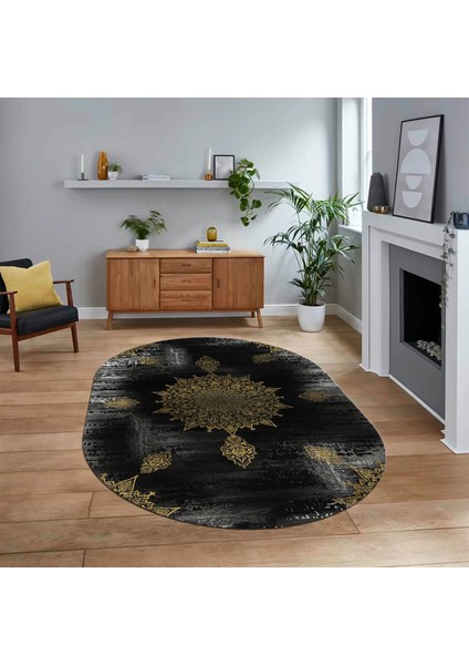 Dijital Baskılı Kaymaz Taban Yıkanabilir Oval Modern Yolluk Salon Halısı, V-O-Modern-06-Gold,