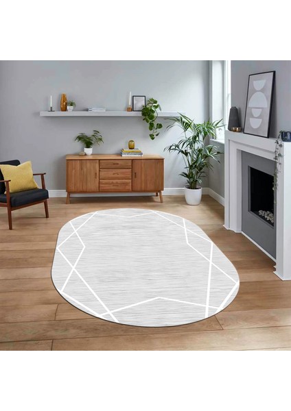 Dijital Baskılı Kaymaz Taban Yıkanabilir Oval Modern Yolluk Salon Halısı, V-O-Modern-05-Beyaz,
