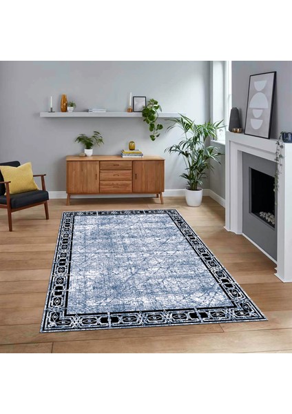 Dijital Baskılı Kaymaz Taban Yıkanabilir Modern Yolluk Mutfak Salon Halısı, V-MODERN-118-MAVİ,