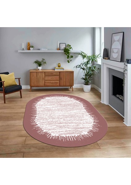 Dijital Baskılı Kaymaz Taban Yıkanabilir Oval Modern Yolluk Salon Halısı, V-O-Modern-43-Pembe,