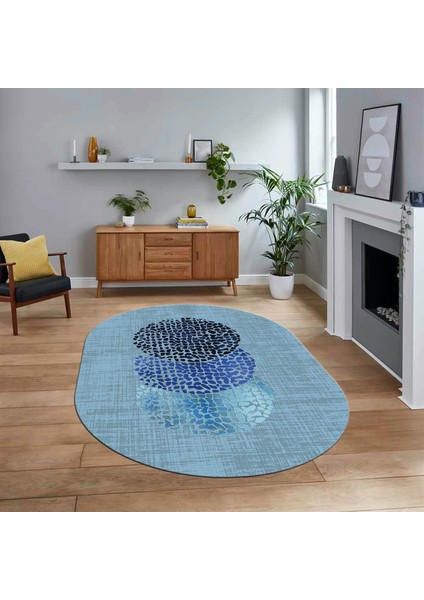 Dijital Baskılı Kaymaz Taban Yıkanabilir Oval Modern Yolluk Salon Halısı, V-O-Modern-01-Mavi,