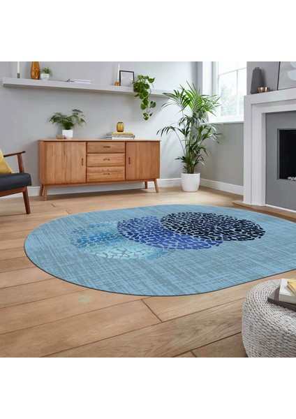 Dijital Baskılı Kaymaz Taban Yıkanabilir Oval Modern Yolluk Salon Halısı, V-O-Modern-01-Mavi, fiyatları
