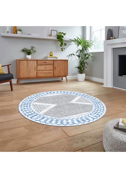 Dijital Baskılı Kaymaz Taban Yıkanabilir Yuvarlak Modern Mutfak Salon Halısı, V-Y-Modern-07-Mavi,
