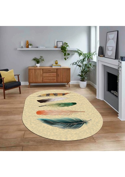 Dijital Baskılı Kaymaz Taban Yıkanabilir Oval Modern Yolluk Salon Halısı, V-O-MODERN-114-KREM,
