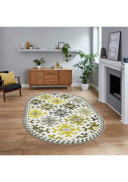 Dijital Baskılı Kaymaz Taban Yıkanabilir Oval Modern Yolluk Salon Halısı, V-O-Modern-14-Sarı,
