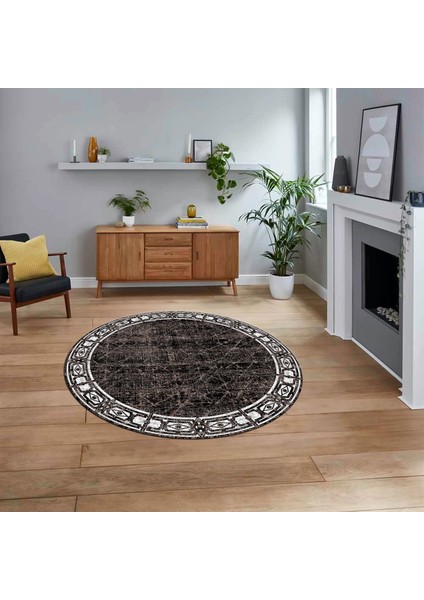 Dijital Baskılı Kaymaz Taban Yıkanabilir Yuvarlak Modern Mutfak Salon Halısı, V-Y-MODERN-118-KAHVE,