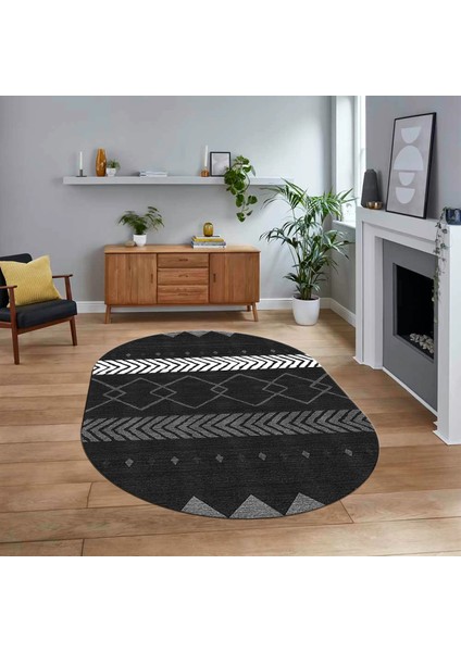 Dijital Baskılı Kaymaz Taban Yıkanabilir Oval Modern Yolluk Salon Halısı, V-O-Modern-75-Antrasit,