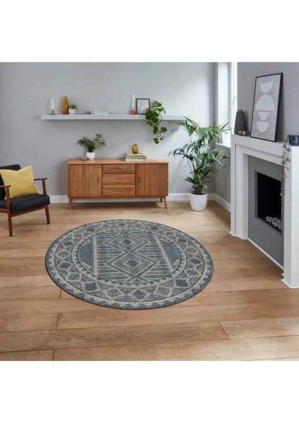 Dijital Baskılı Kaymaz Taban Yıkanabilir Yuvarlak Modern Mutfak Salon Halısı, V-Y-MODERN-108-MAVİ,