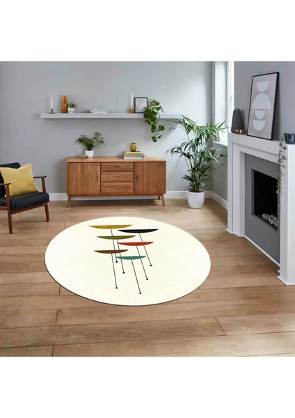 Dijital Baskılı Kaymaz Taban Yıkanabilir Yuvarlak Modern Mutfak Salon Halısı, V-Y-MODERN-112-KREM,