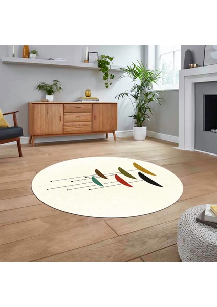 Dijital Baskılı Kaymaz Taban Yıkanabilir Yuvarlak Modern Mutfak Salon Halısı, V-Y-MODERN-112-KREM,