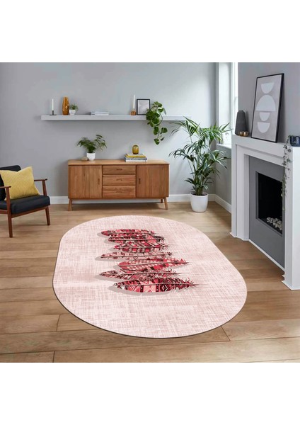 Dijital Baskılı Kaymaz Taban Yıkanabilir Oval Modern Yolluk Salon Halısı, V-O-Modern-50-Pembe,