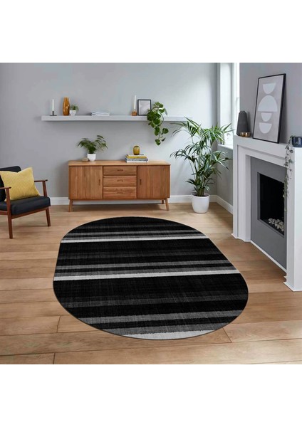 Dijital Baskılı Kaymaz Taban Yıkanabilir Oval Modern Yolluk Salon Halısı, V-O-Modern-25-Antrasit,