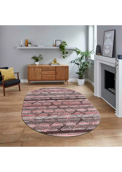 Dijital Baskılı Kaymaz Taban Yıkanabilir Oval Modern Yolluk Salon Halısı, V-O-Modern-85-Pembe,