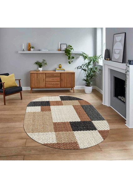 Dijital Baskılı Kaymaz Taban Yıkanabilir Oval Modern Yolluk Salon Halısı, V-O-Modern-77-Kahve,