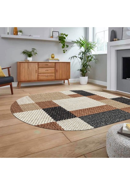Dijital Baskılı Kaymaz Taban Yıkanabilir Oval Modern Yolluk Salon Halısı, V-O-Modern-77-Kahve, fiyatları