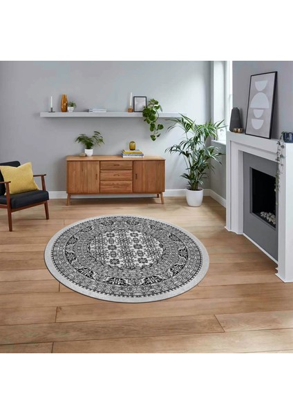 Dijital Baskılı Kaymaz Taban Yıkanabilir Yuvarlak Modern Mutfak Salon Halısı, V-Y-MODERN-113-GRİ,